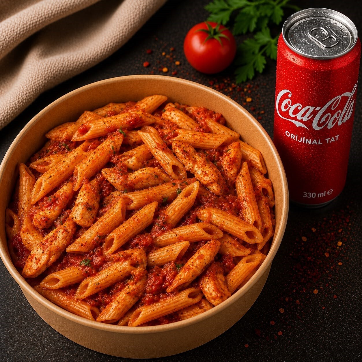Acılı Domates Soslu Tavuklu Penne + İçecek