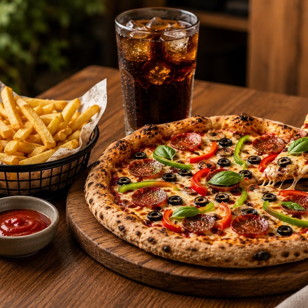 Büyük Boy Karışık Pizza + İçecek + Patates Kızartması