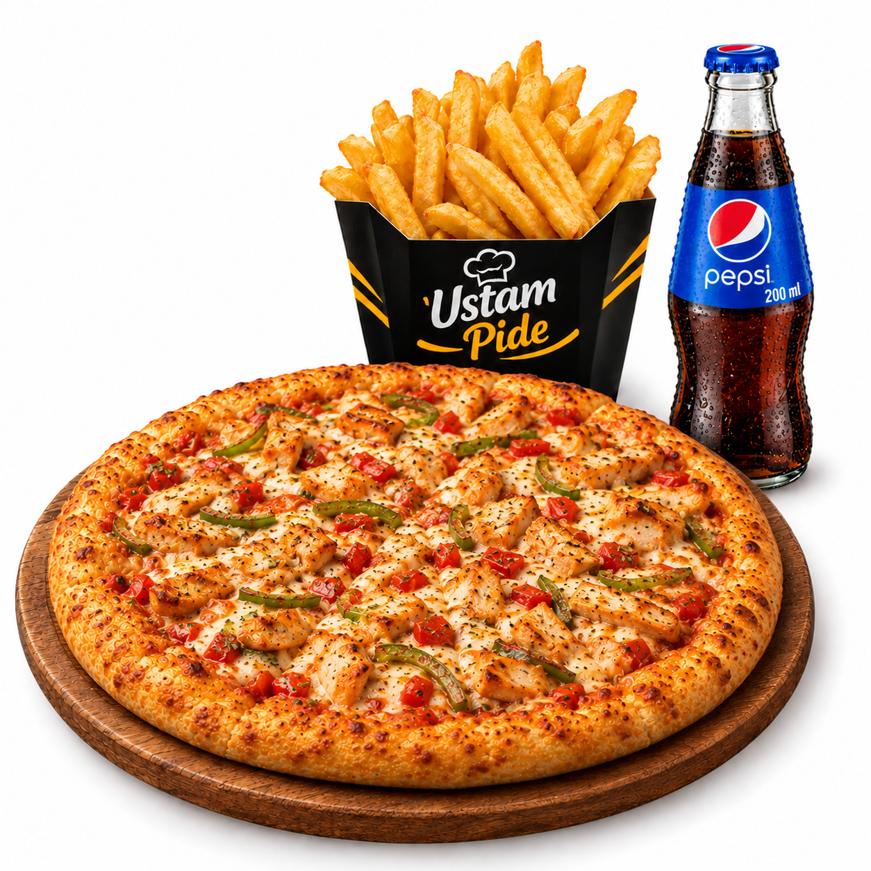 🍕🍟🥤Tavuklu Pizza + Çıtır Patates + Pepsi 200 ml