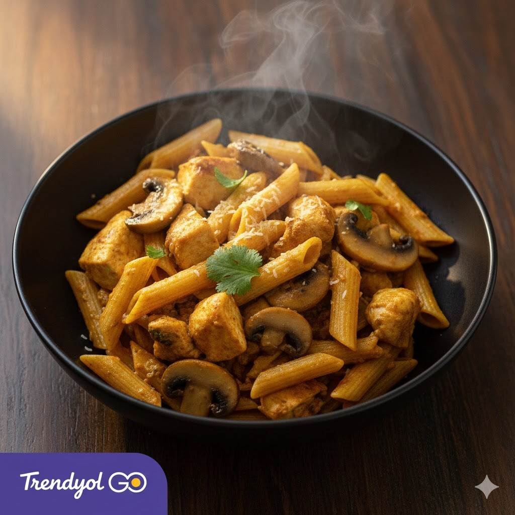 Köri Soslu Kremalı Tavuklu Mantarlı Penne