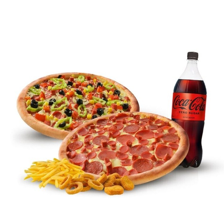 2 Adet Büyük Boy Pizza + 1 Litre İçecek