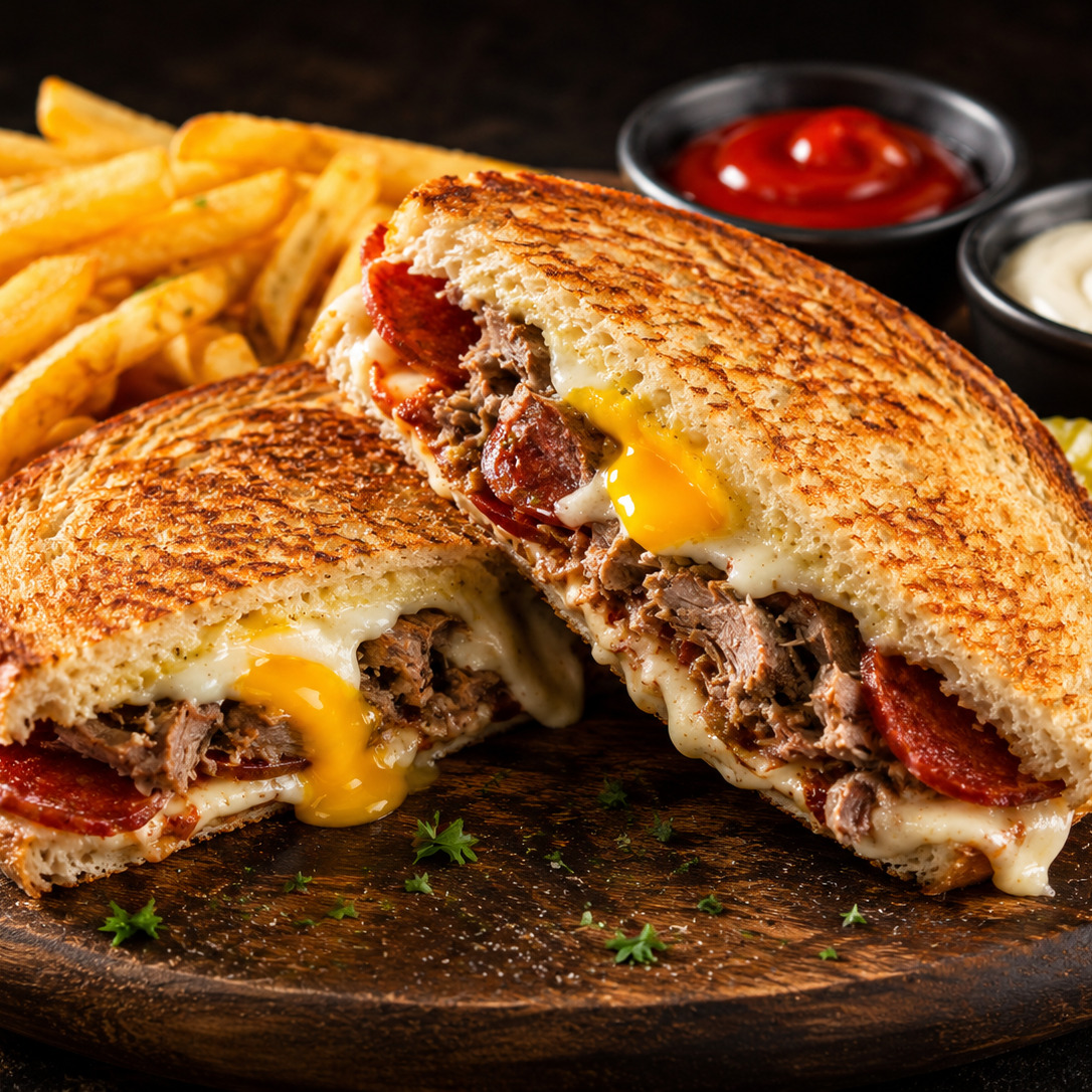 Yarım Ekmek Arasına Kavurmalı Sucuklu Yumurtalı Kaşarlı Tost