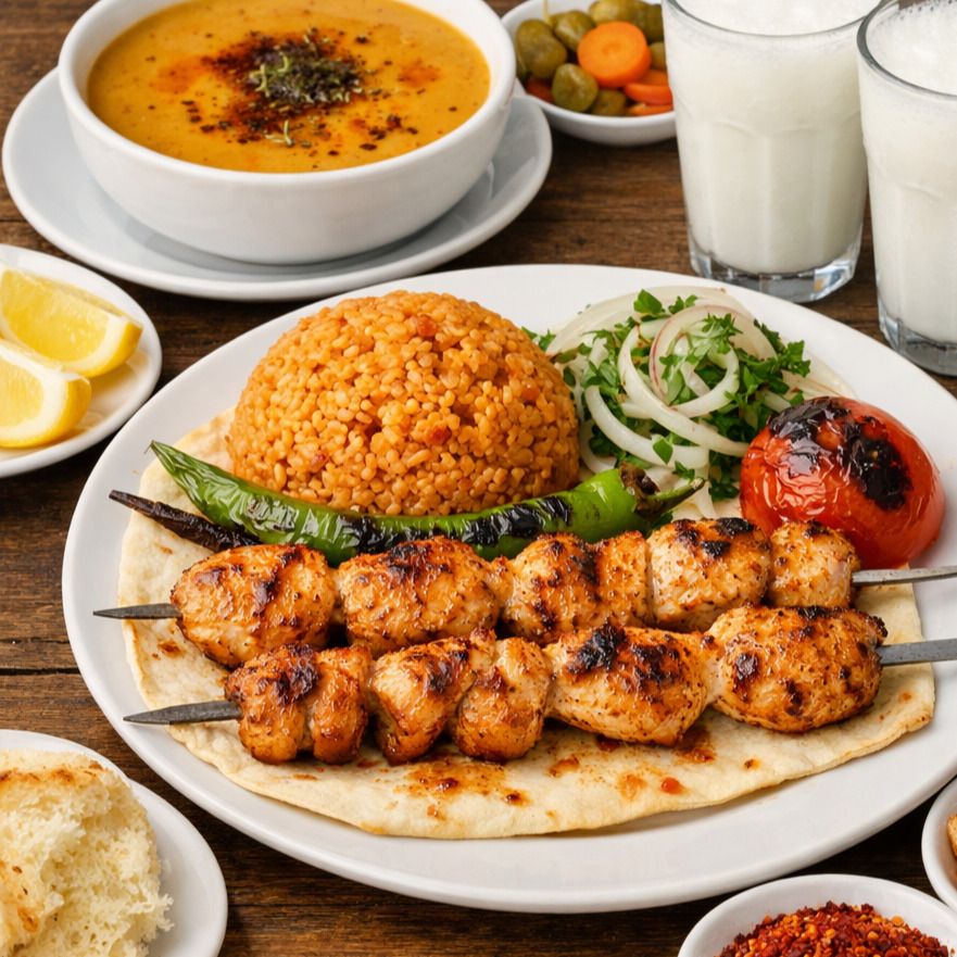 Tavuk Şiş+Pilav+Ayran+salata+Ekmek