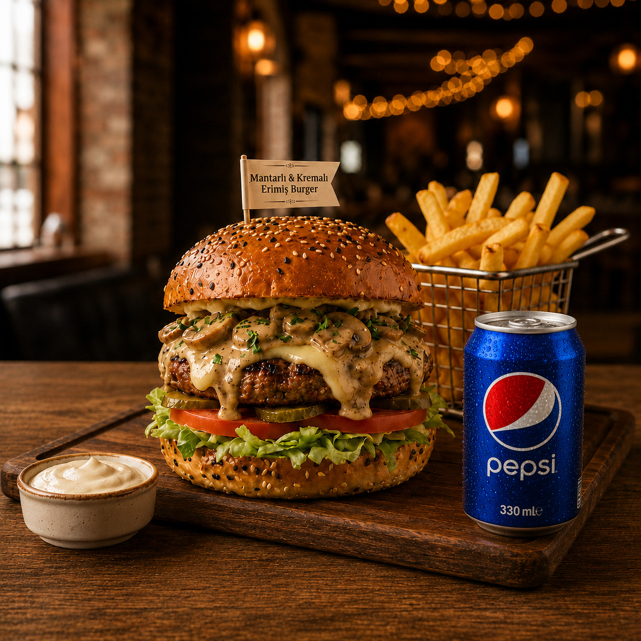 Mushroom Burger + Patates + 330ml Kutu İçecek