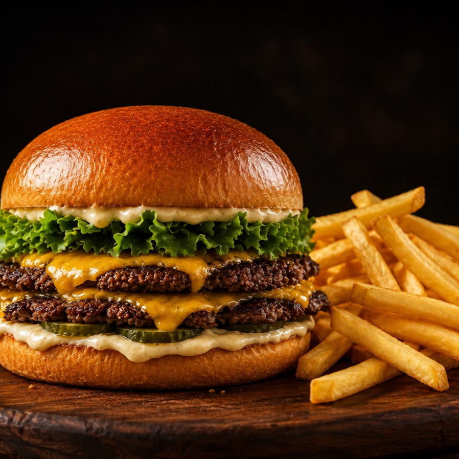 Çift Köfteli Cheddarlı Smash Burger ve Patates Kızartması