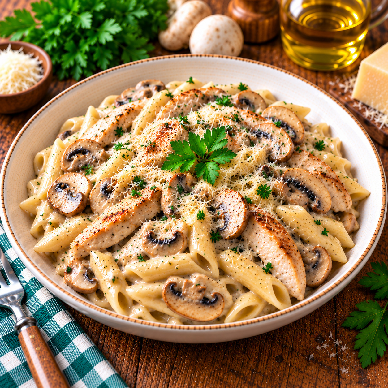 Kremalı Tavuklu Mantarlı Makarna