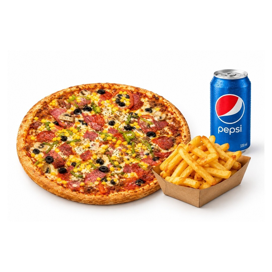 🍕🍟🥤Karışık orta boy pizza + çıtır patates + 330 pepsi