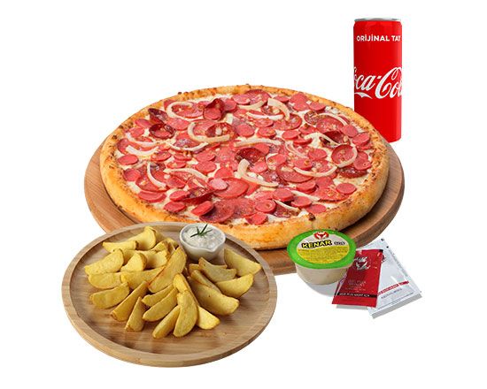 Orta Boy Pizza & Patates (Pat Bulls veya Elma Dilim Patates & Kutu İçecek & Sos )