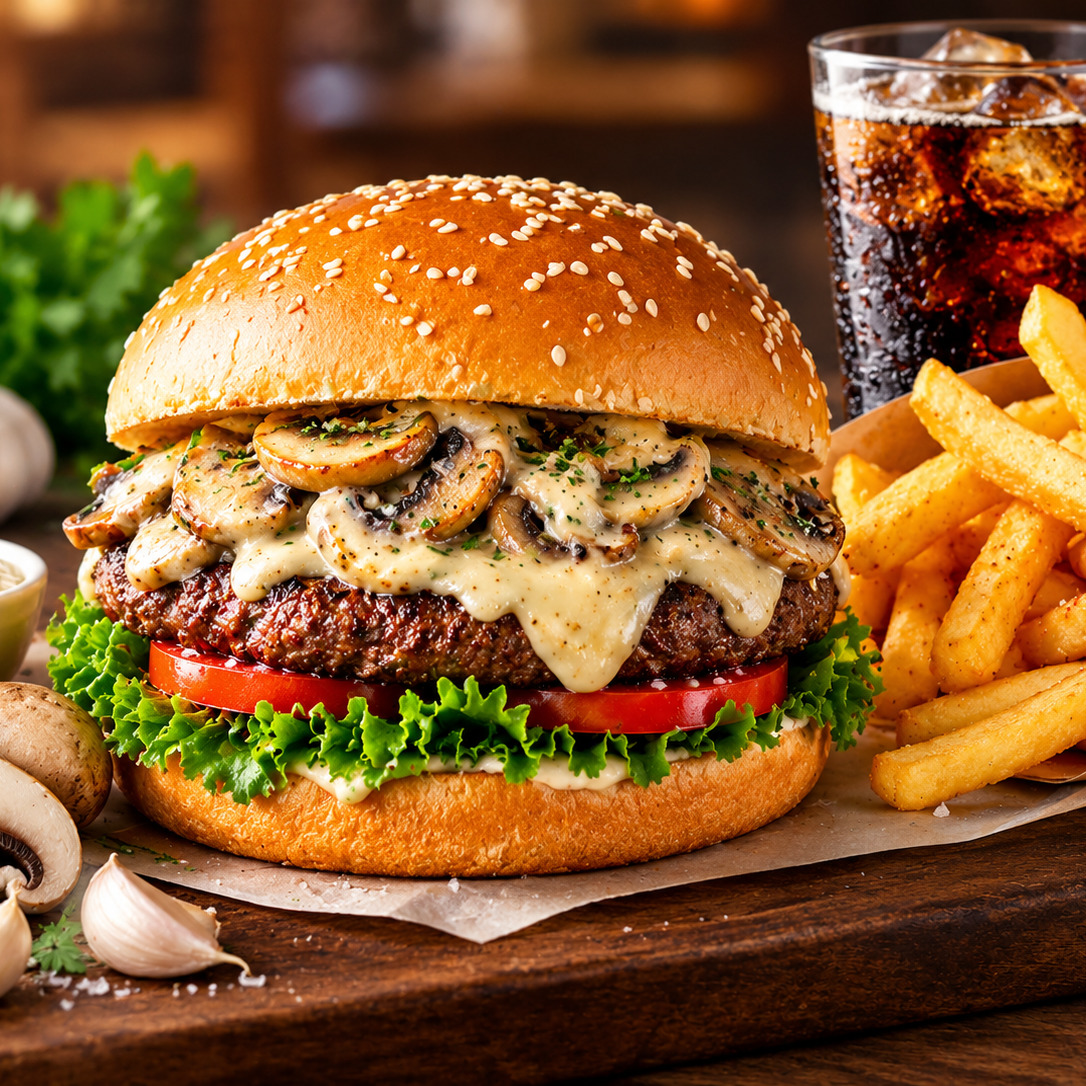 Garlic Mushroom Burger Menü