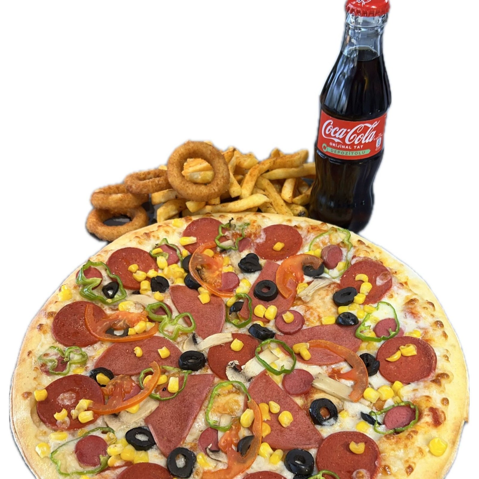 Menü 3 Orta Boy Pizza + Patates Kızartması + 4 Adet Soğan Halkası+Şişe Kola