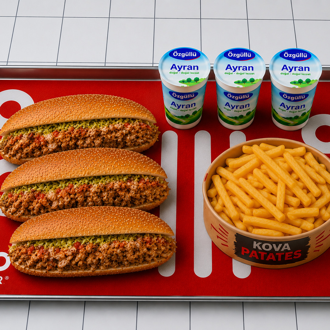 3 Ekmek Arası Tavuk Döner & 1 Kova Patates Kızartması & 3 Ayran