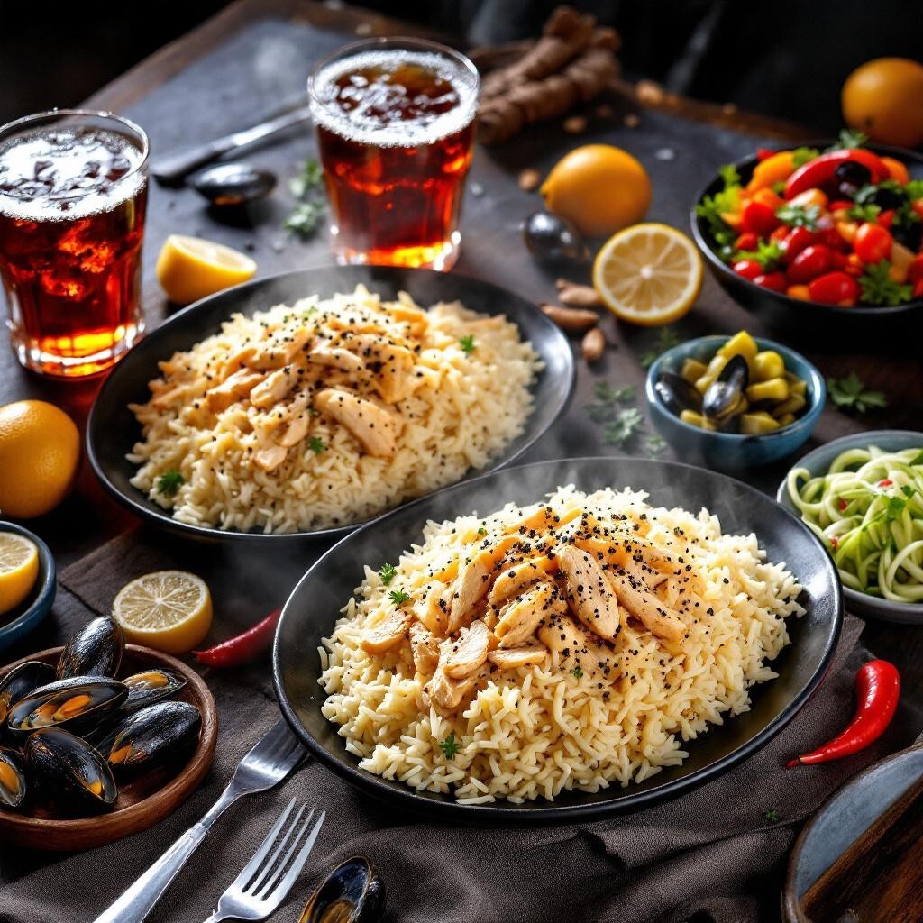 Tavuklu Pilav (2.5 Porsiyon) + 15x Midye + 2x Kola + Salata + Turşu Biberi