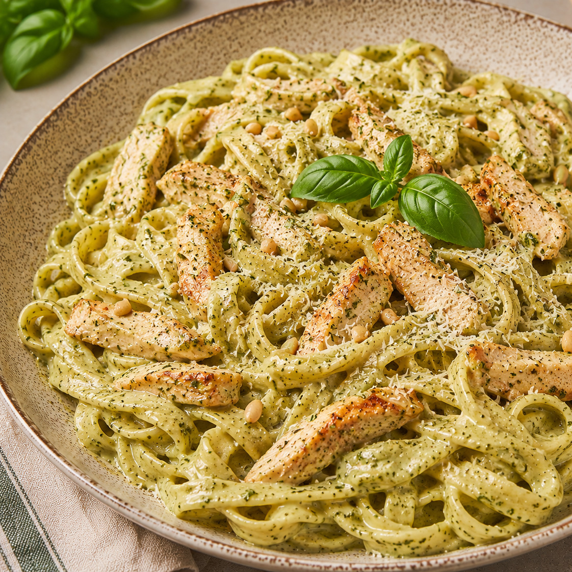 Tavuk Pesto Soslu Kremalı Fettuccine Alfredo Makarna