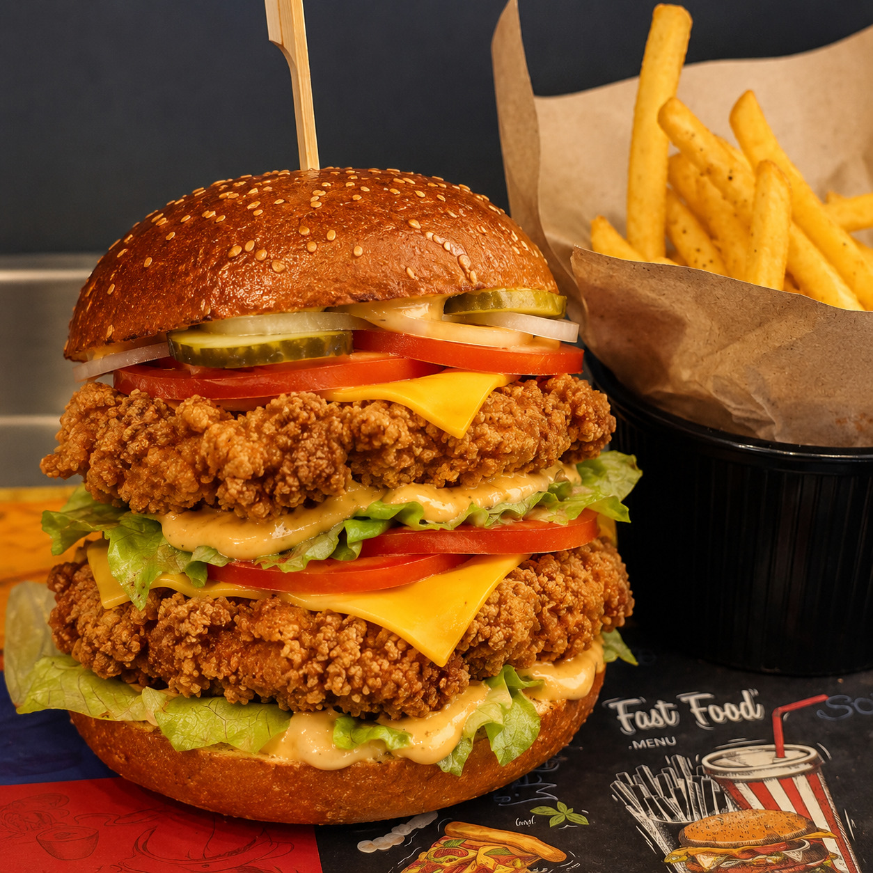 (DOUBLE) CHİCKEN ÇITIR BONFİLE BURGER + PATATES KIZARTMASI
