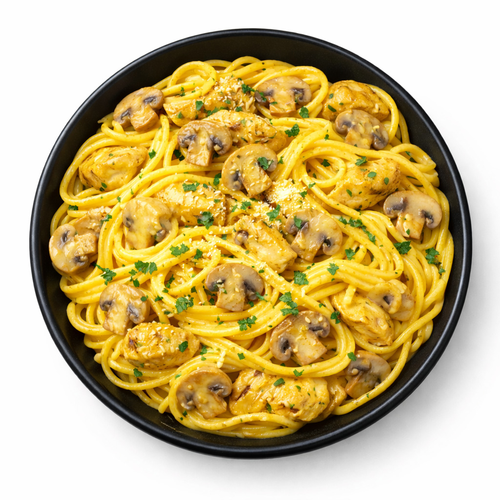 Tavuklu Mantarlı Körili Spagetti