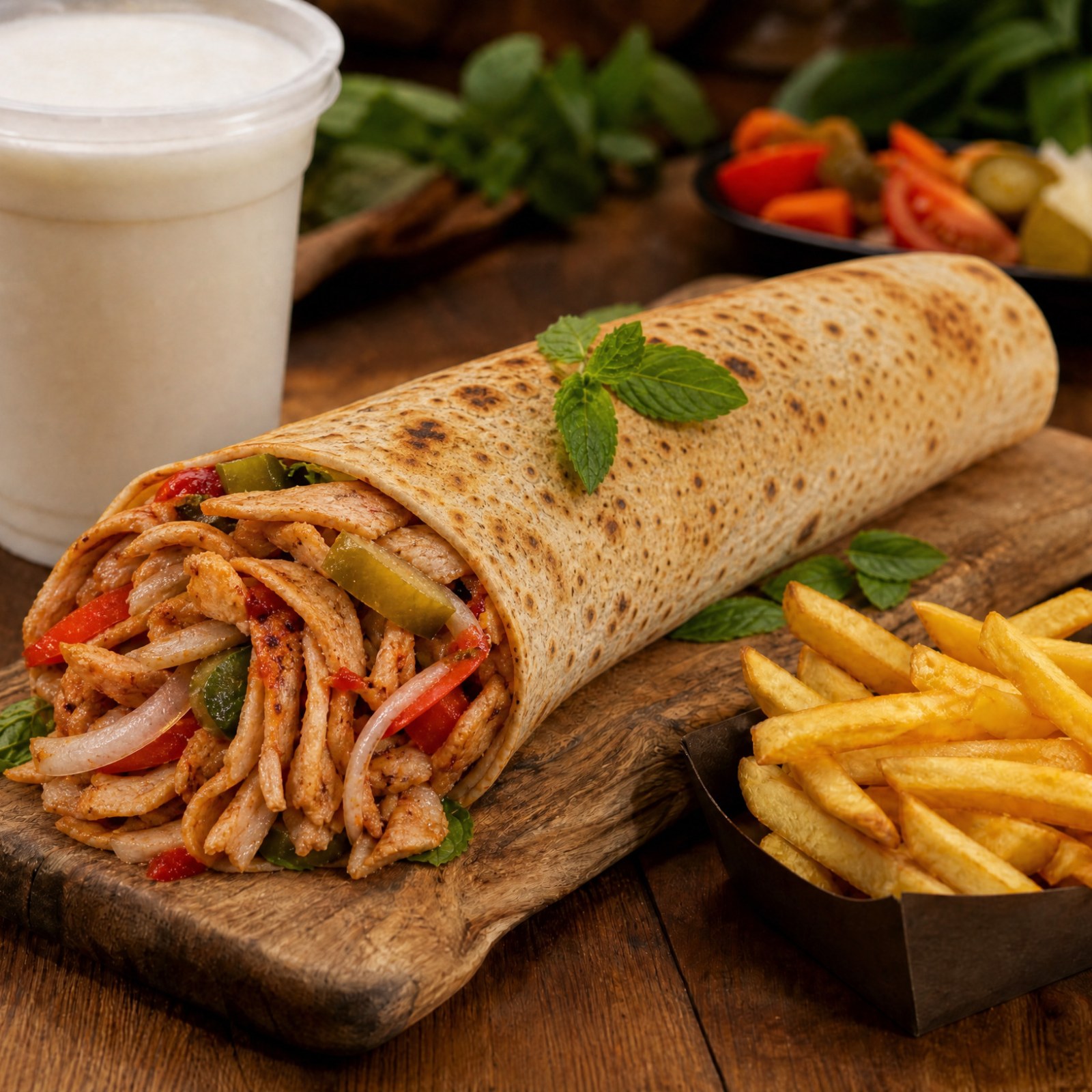 Katık Mega Tavuk Döner Dürüm (135 gr) + B. Ayran + Patates Kızartması