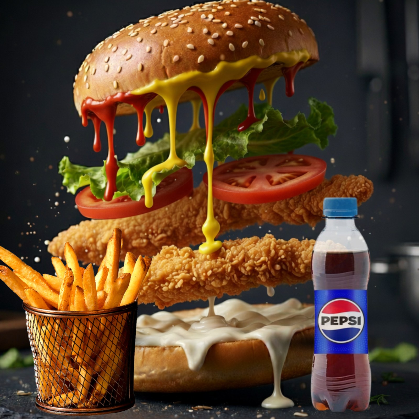 Acılı Tavuk Burger, Patates Kızartması, İçecek (250 ml)