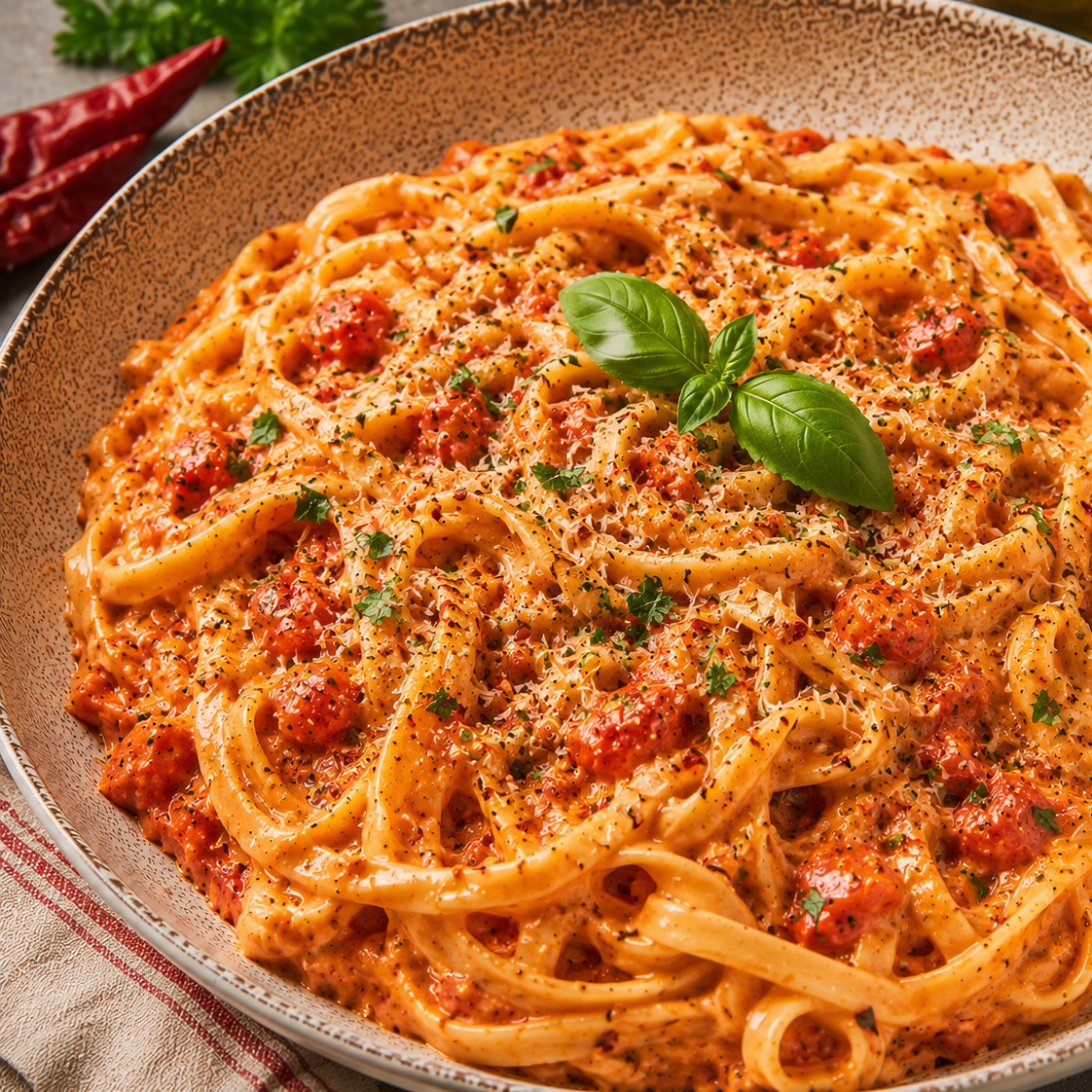 Arabiata Soslu Kremalı Fettuccine Alfredo Makarna