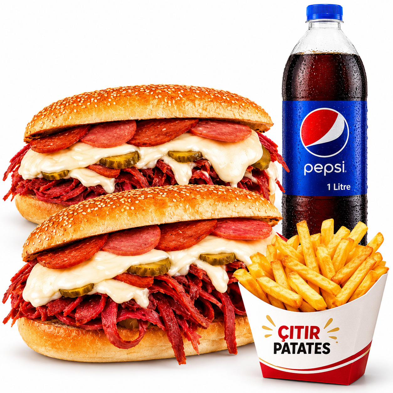 2’li İzmir Sandviç + 1 P. Patates + 1 Lt. Pepsi