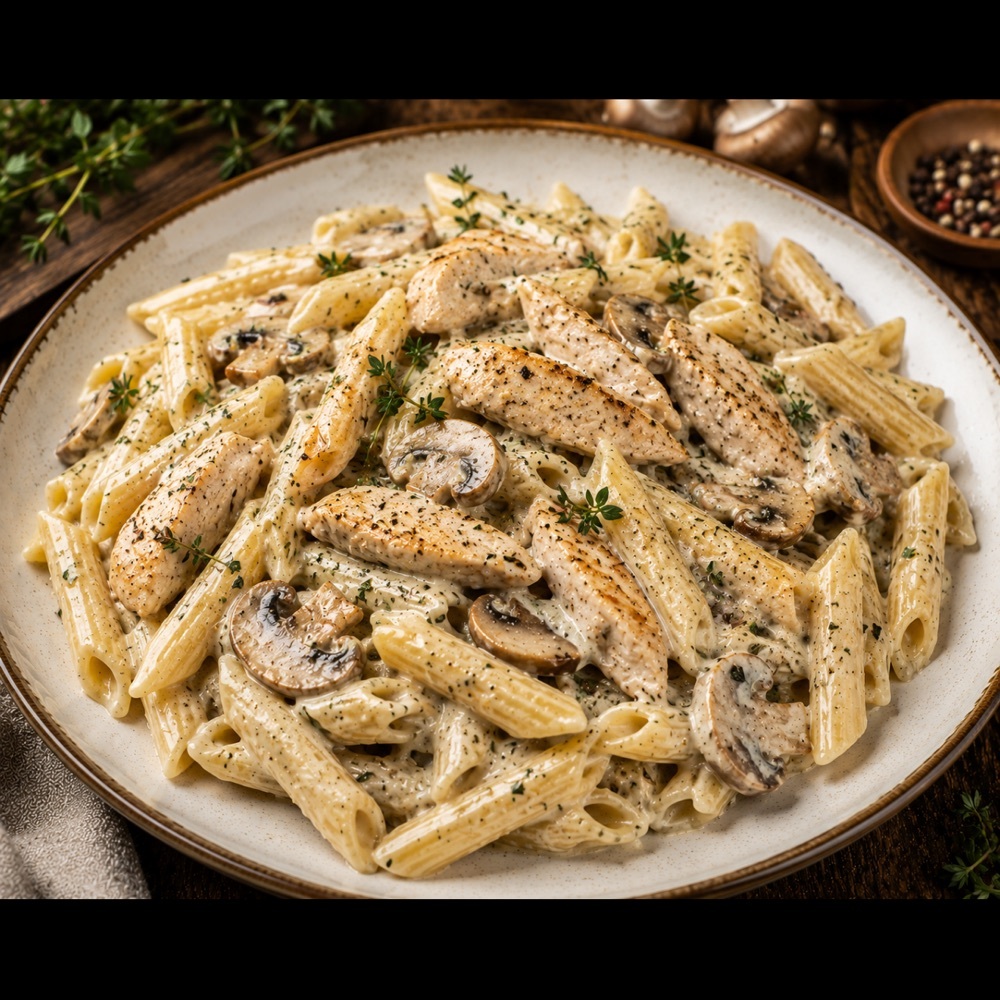 Kekikli Kremalı Tavuklu Mantarlı Penne Makarna