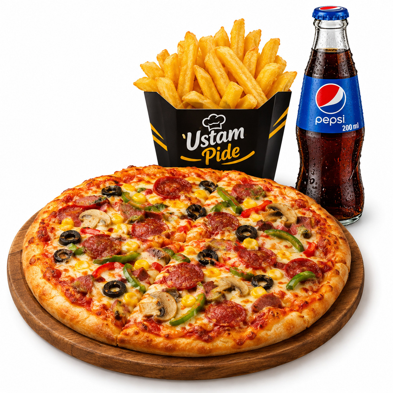 🍕🍟🥤Karışık Pizza + Çıtır Patates + Pepsi 200 ml