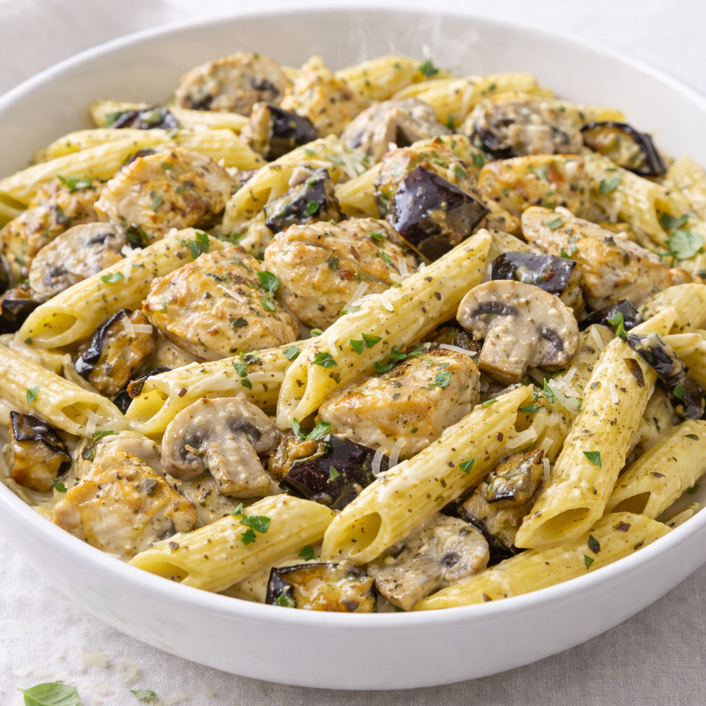 Köz Patlıcanlı Tavuklu Mantarlı Penne