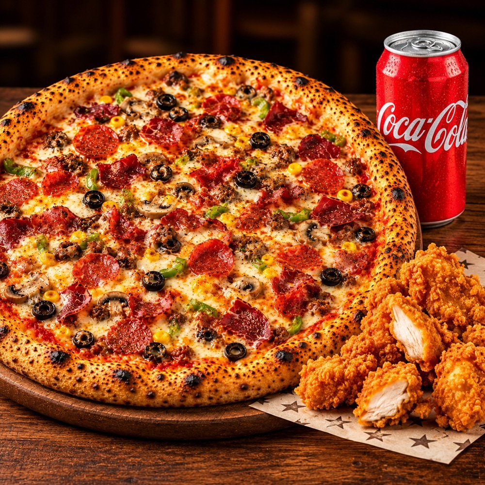 1 Adet Karışık Pizza + Çıtır Tavuk Parçaları + Cola