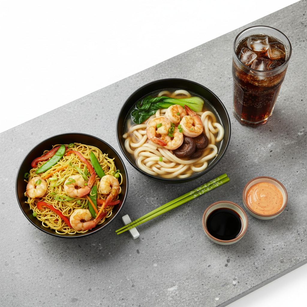 Singapur noodle + karidesli udon