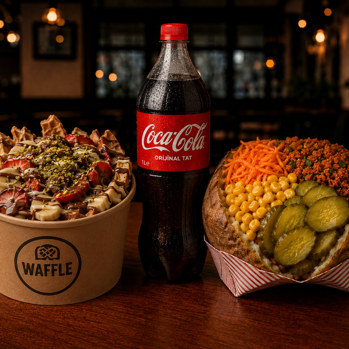 Coca Cola 1 Lt & Kova Waffle & 3 Malzemeli Kumpir