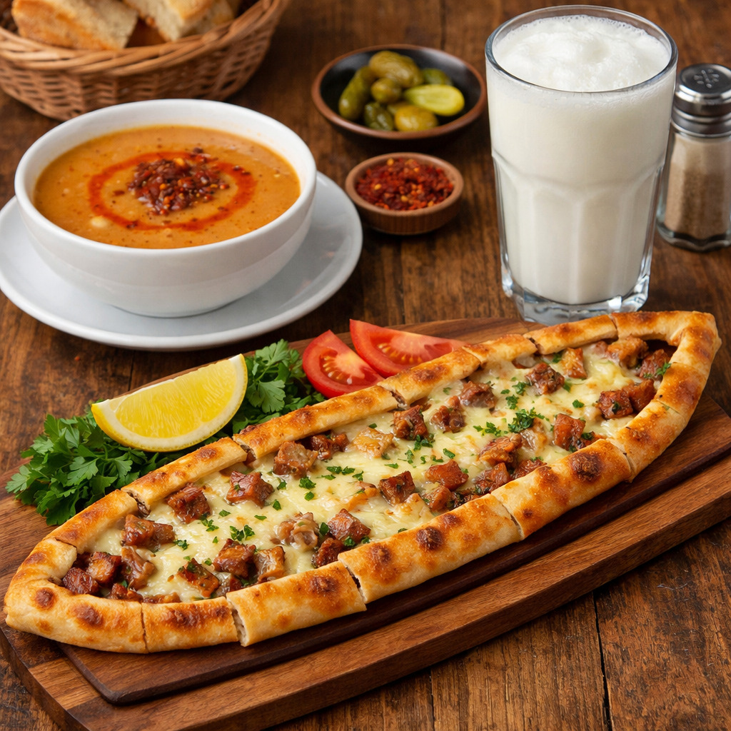 Kuşbaşı Kaşarlı Pide + Çorba + Ayran