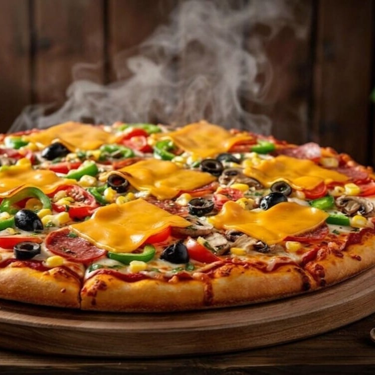 Cheddarlı Karışık Pizza (Büyük Boy) Sucuk Sosis Mantar Mısır Biber ile Gurme VIP Pizzacı Pizza