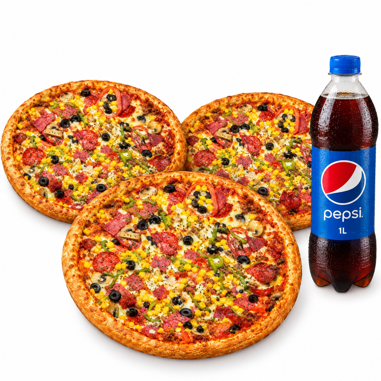 🍕🍟🥤3 Adet Karışık Orta Boy Pizza + Pepsi (1 L)