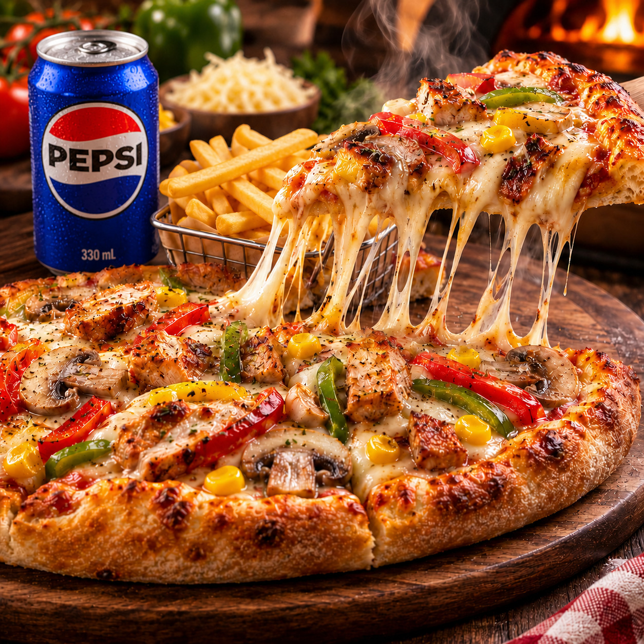 Orta Boy Tavuklu Pizza + Patates + İçecek