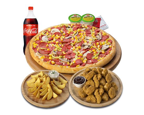 Büyük Boy Pizza & Çıtır Tavuk & Elma Dilim Patates & 1 Lt. İçecek & 2 Sos