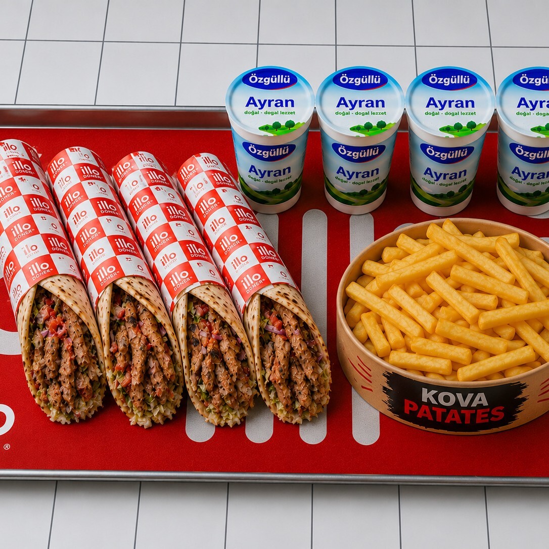Mega 4'lü Tavuk Dürüm & 1 Kova Patates Kızartması & 4 Ayran