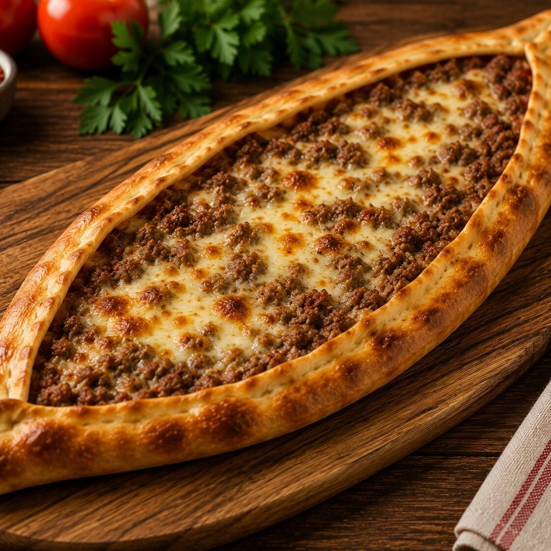 (350gr)taş fırında Kıymalı Kaşarlıpide+şişe içecek+PATATES KIZARTASI(100GR)