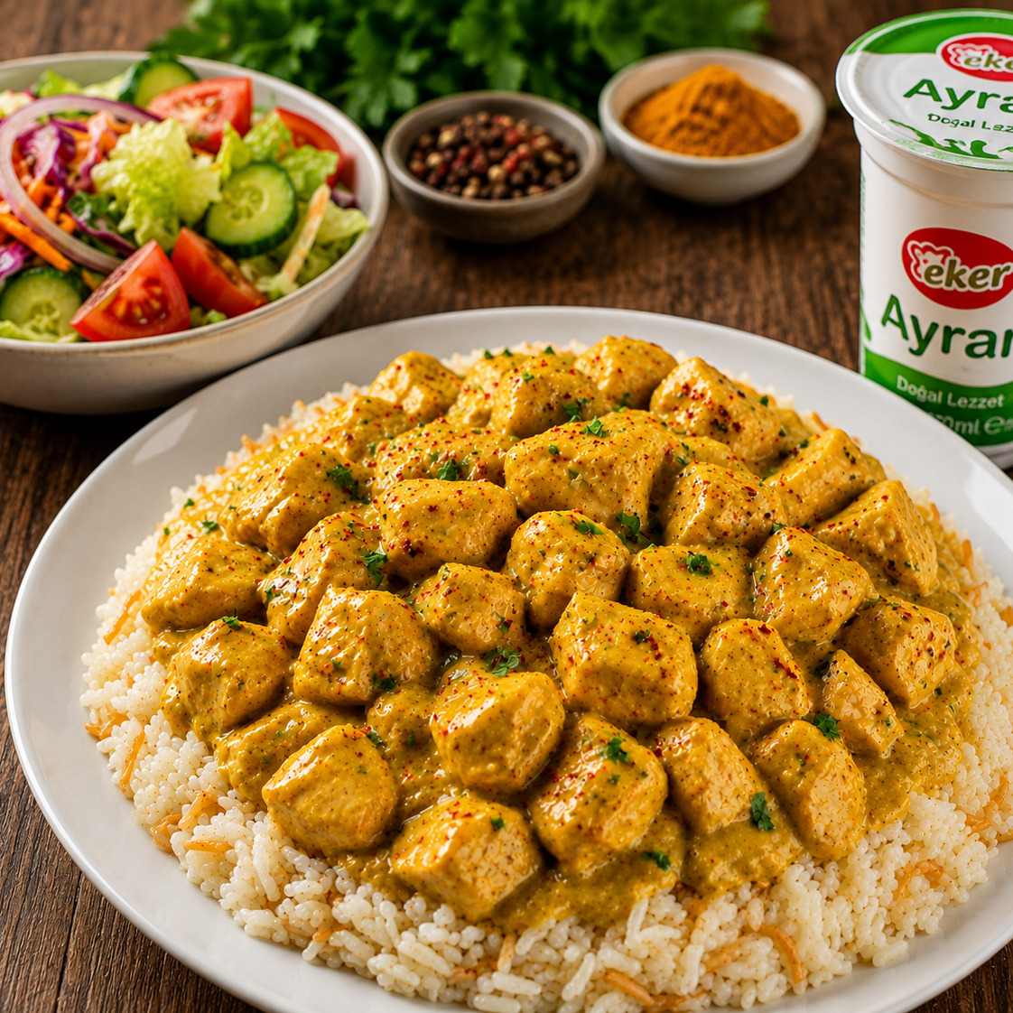 Pilav Üstü Köri Soslu Tavuk + Mevsim Yeşillikleri + 270ml Eker Ayran