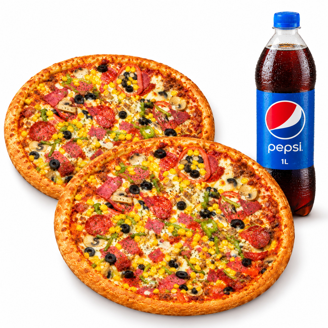 🍕🍟🥤2 Adet Karışık Orta Boy Pizza + Pepsi (1 L)
