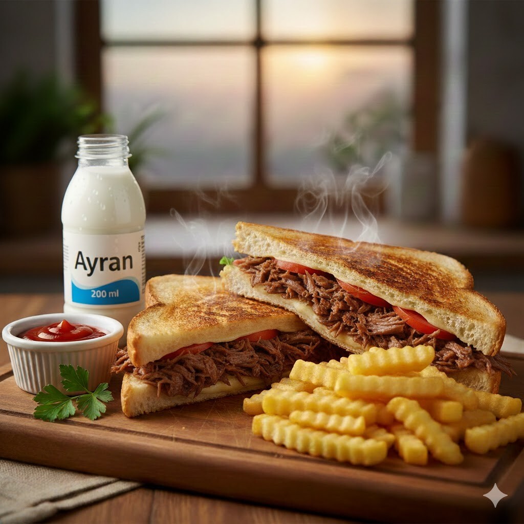 Kavurmalı Tost + Patates Kızartması + Ayran (170 ml)