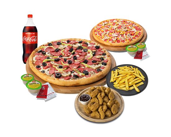 2 Büyük Boy Pizza & Çıtır Tavuk & Pat Bulls & 1 Lt. İçecek & 4 Sos
