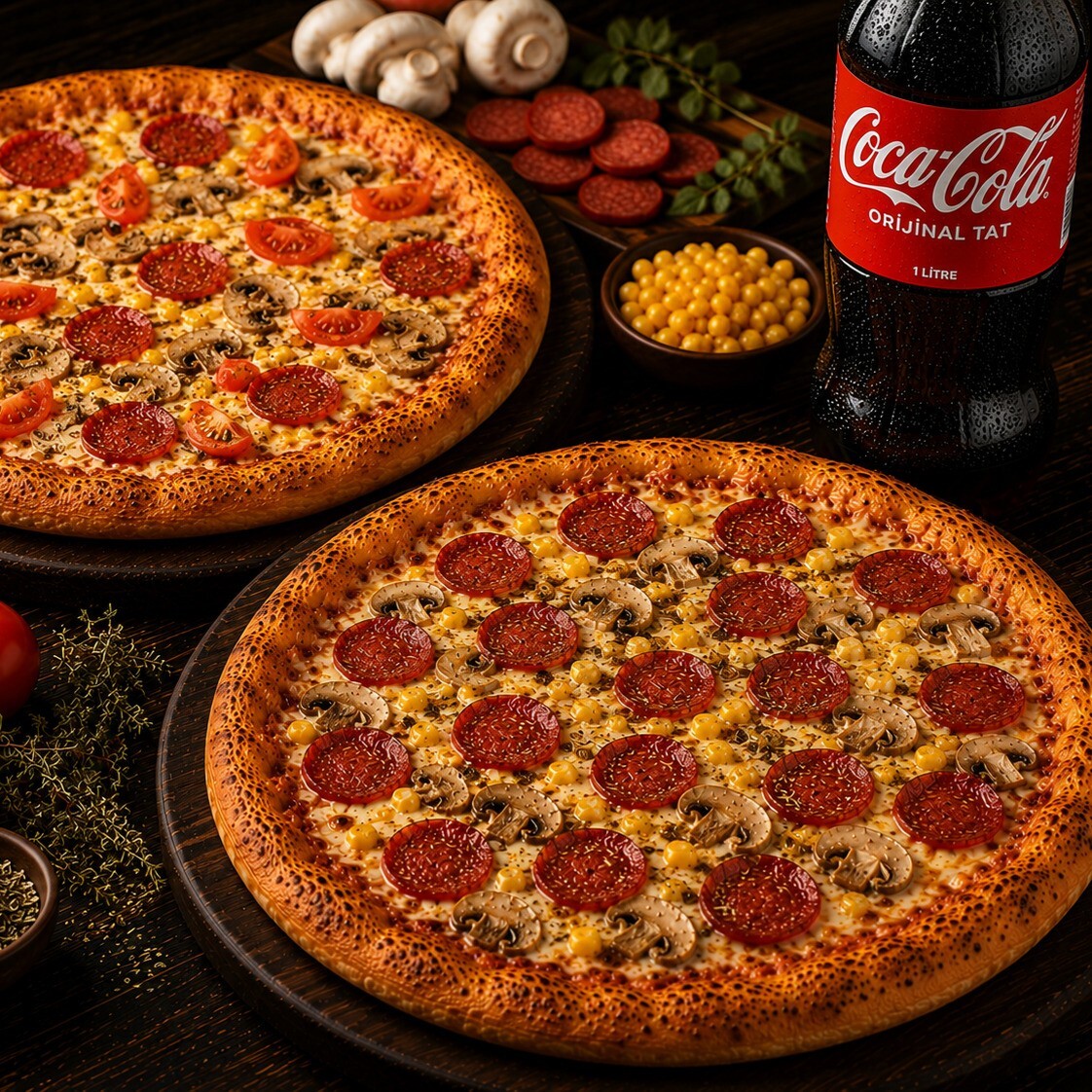 2 Adet Sosyetik Pizza Orta Boy + Coca Coca (1 lt)