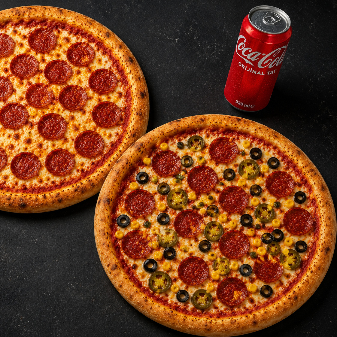 Pizza + Atıştırmalık + 33 cl İçecek + Tatlı