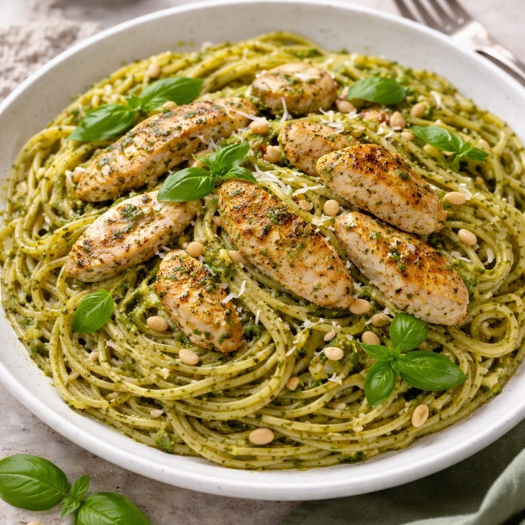 Pesto Soslu Tavuklu Spagetti