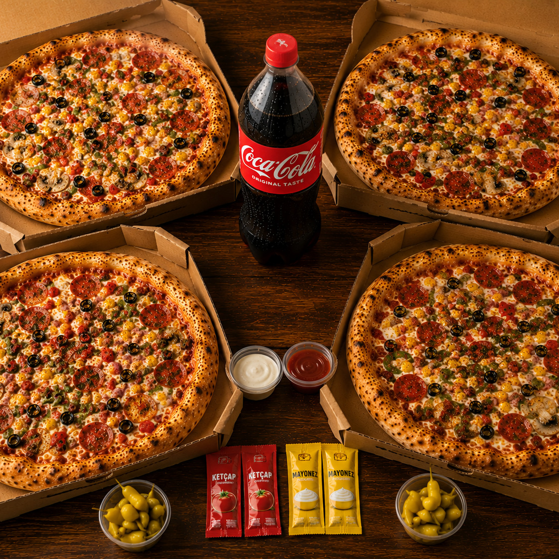 4 Adet Büyük Boy Karışık Pizza + 1 litre Cola