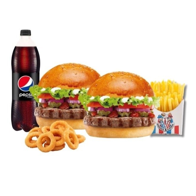 2 Cheeseburger + 1 Litre Pepsi + Parmak Patates + Soğan Halkası + cajun tavuk
