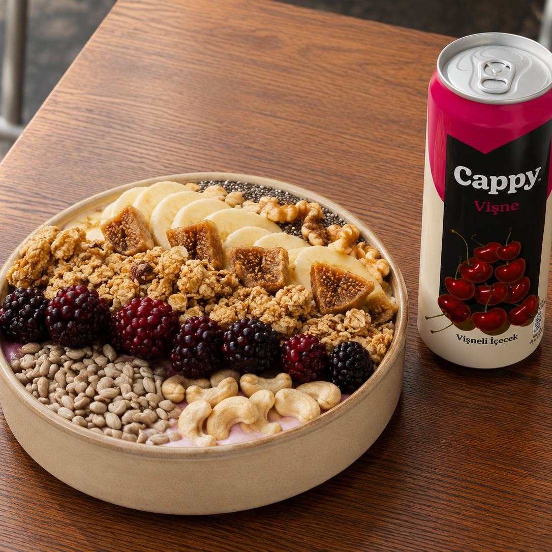 Böğürtlenli & Muzlu Granola Bowl + Cappy Vişne Menü