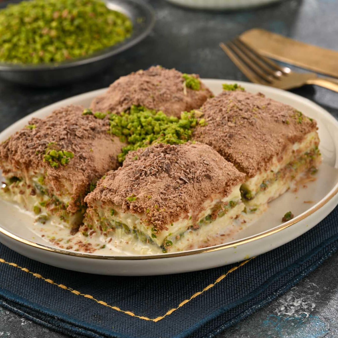Çikolatalı Fıstıklı Soğuk Baklava (1 kg) (içi Antep fıstıklı üstü çikolatalı)