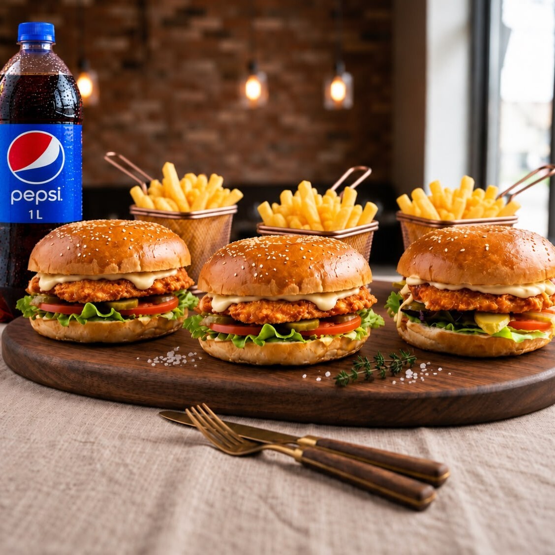 3 Adet Chicken Burger + 3 Adet Patates + 1 lt Pepsi Kola