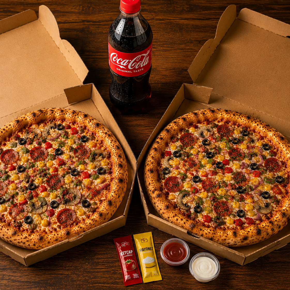 2 Adet Büyük Boy Karışık Pizza + 1 litre Cola
