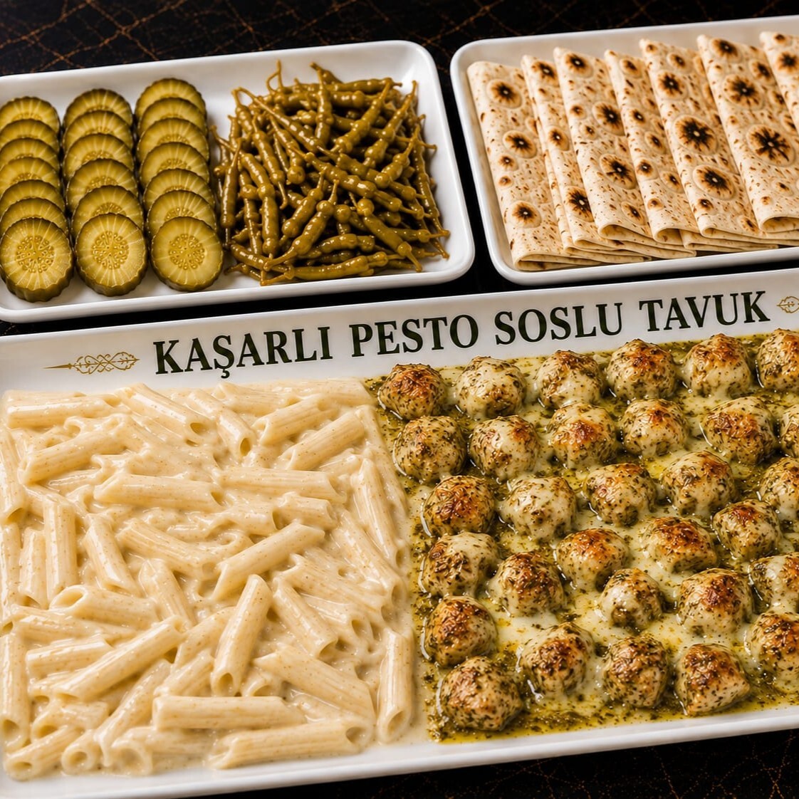 Kaşarlı Pesto Soslu Tavuk & Kremalı Penne Makarna